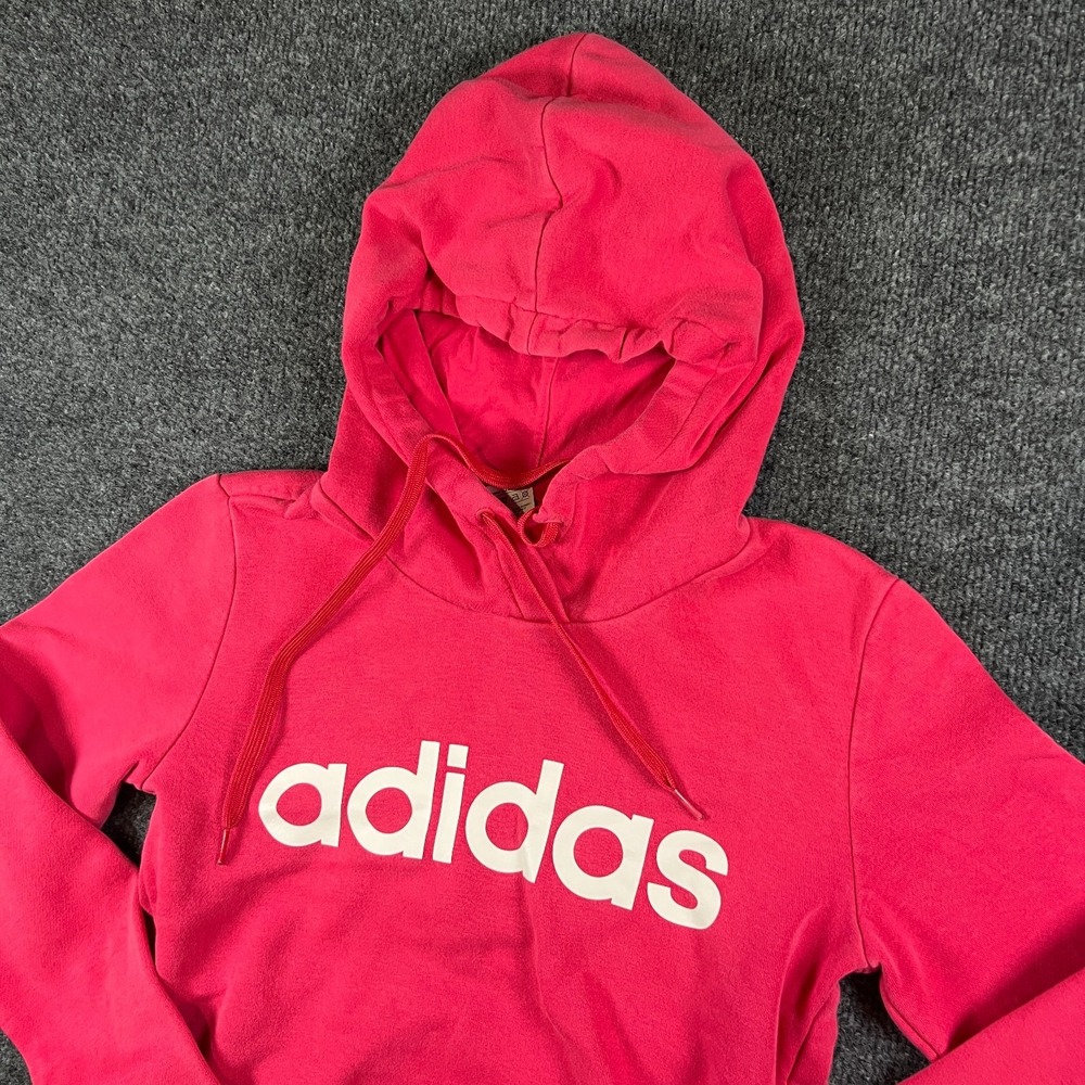 Adidas Essentials Linear Hoodie Womens‎ XS Pink Spellout Logo Cotton Fleece Read